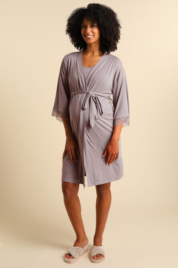 Modal Dressing Gown with Lace taupe