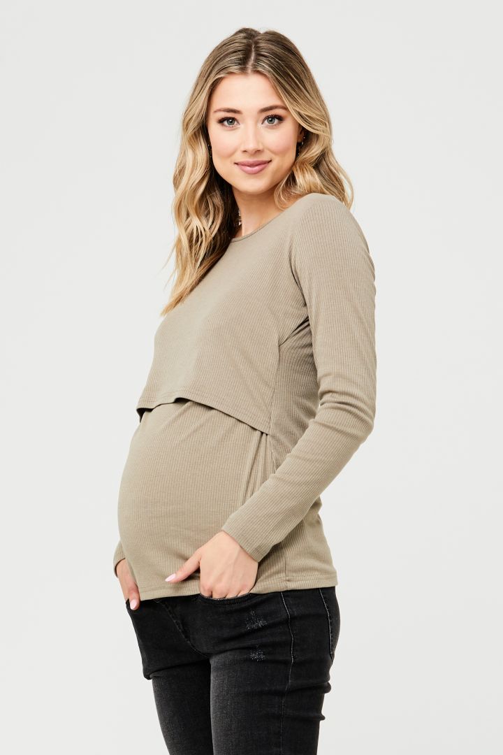 Maternity and Nursing Shirt with Ribbed Structure khaki