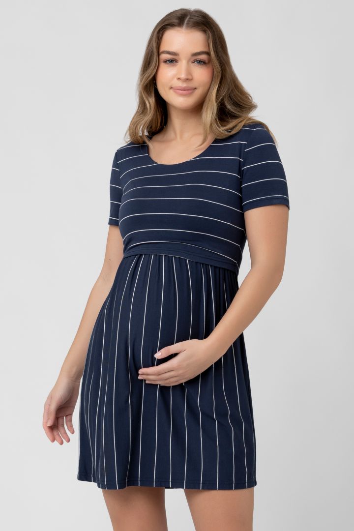 Maternity and Nursing Dress navy / white Striped