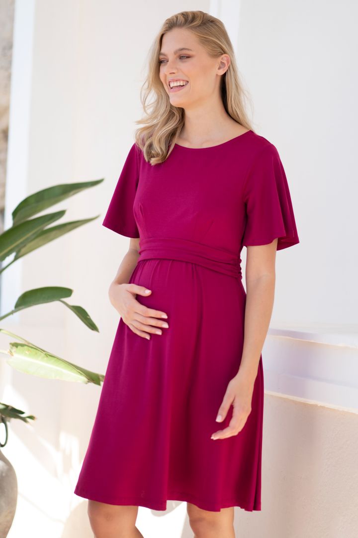 Maternity and Nursing Dress with Flounce Sleeves berrry