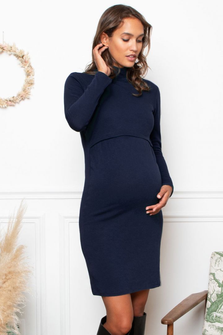Layered Maternity and Nursing Dress with Turtleneck navy