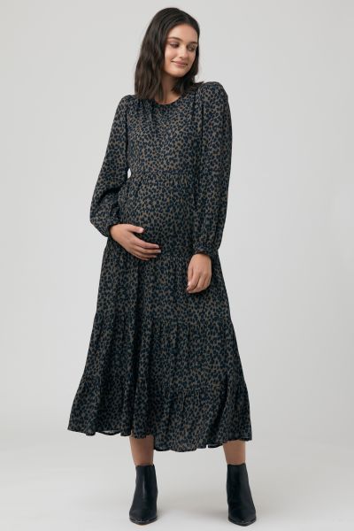 Midi maternity dress with flounces and print