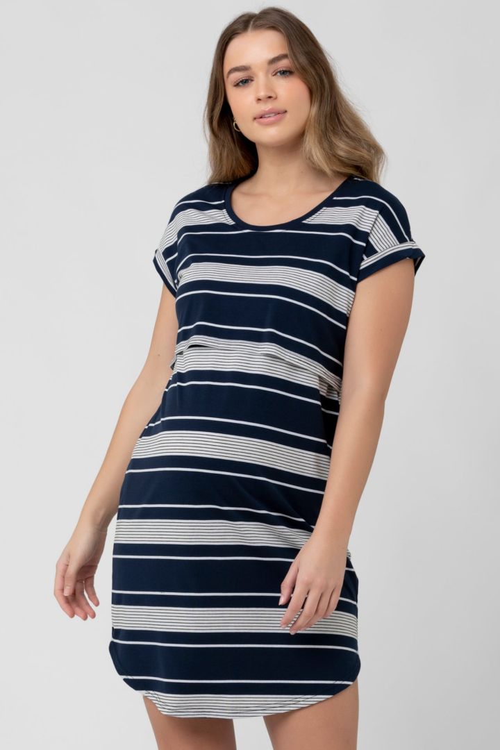 Two-layer maternity and nursing nightdress with striped pattern