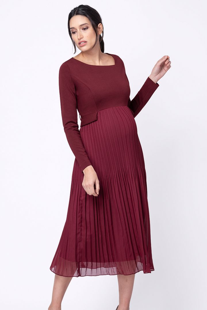 Midi maternity dress with pleated skirt, bordeaux
