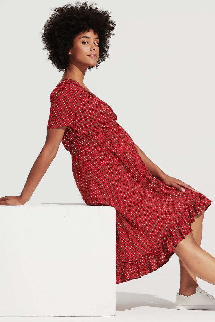 Maternity and Nursing Dress with Flounce red