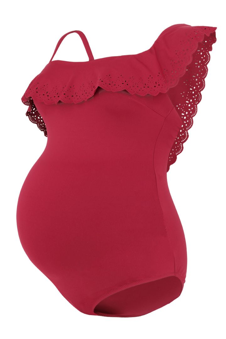 Maternity swimsuit with valance red