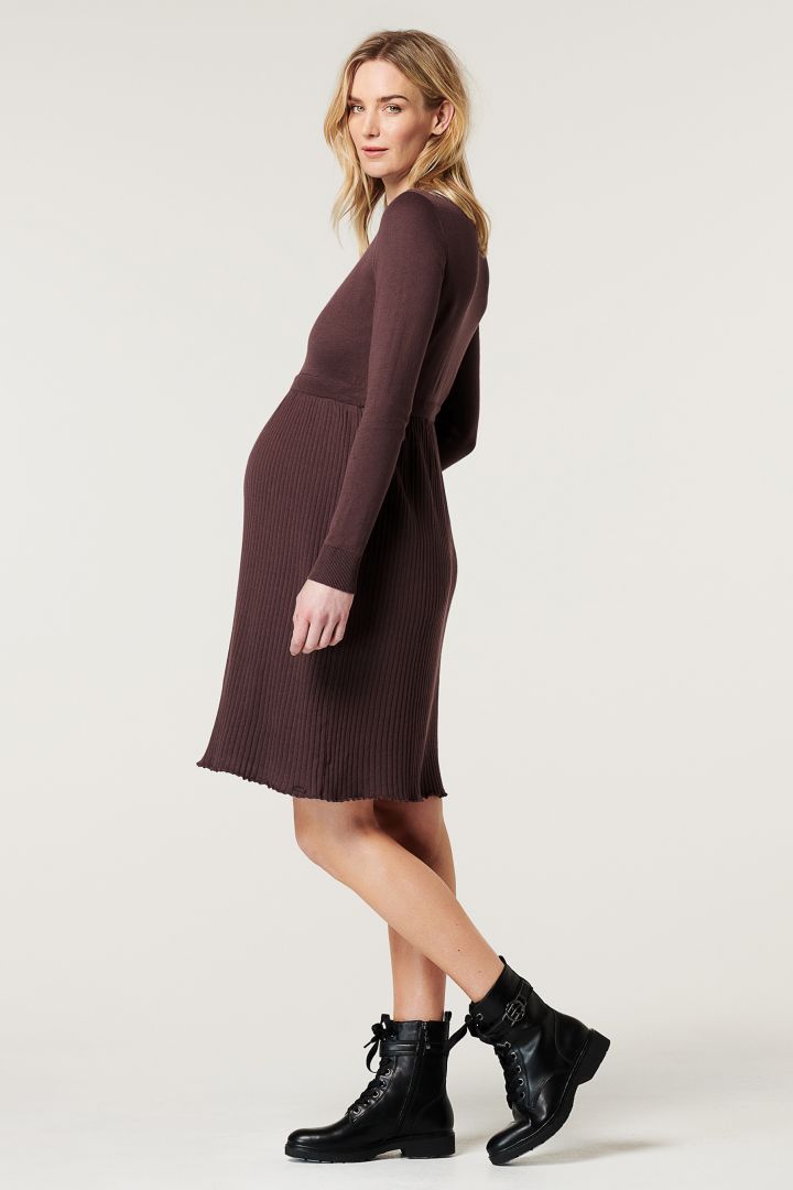 Organic Maternity Dress with Ribbed Skirt coffee