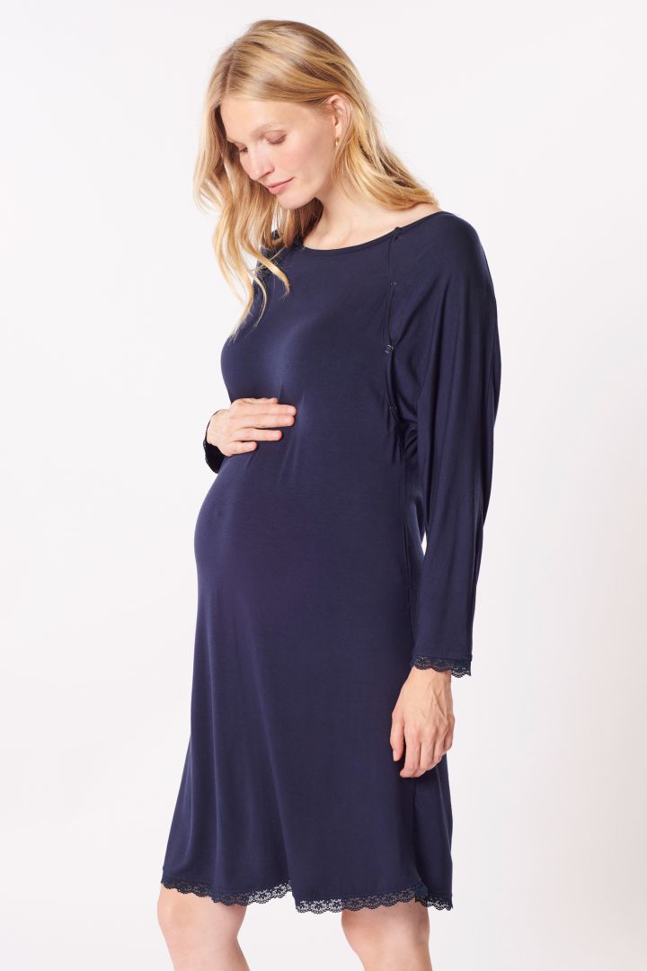 Long-sleeved Eco Viscose Maternity Dress and Nursing Nightgown with Lace navy