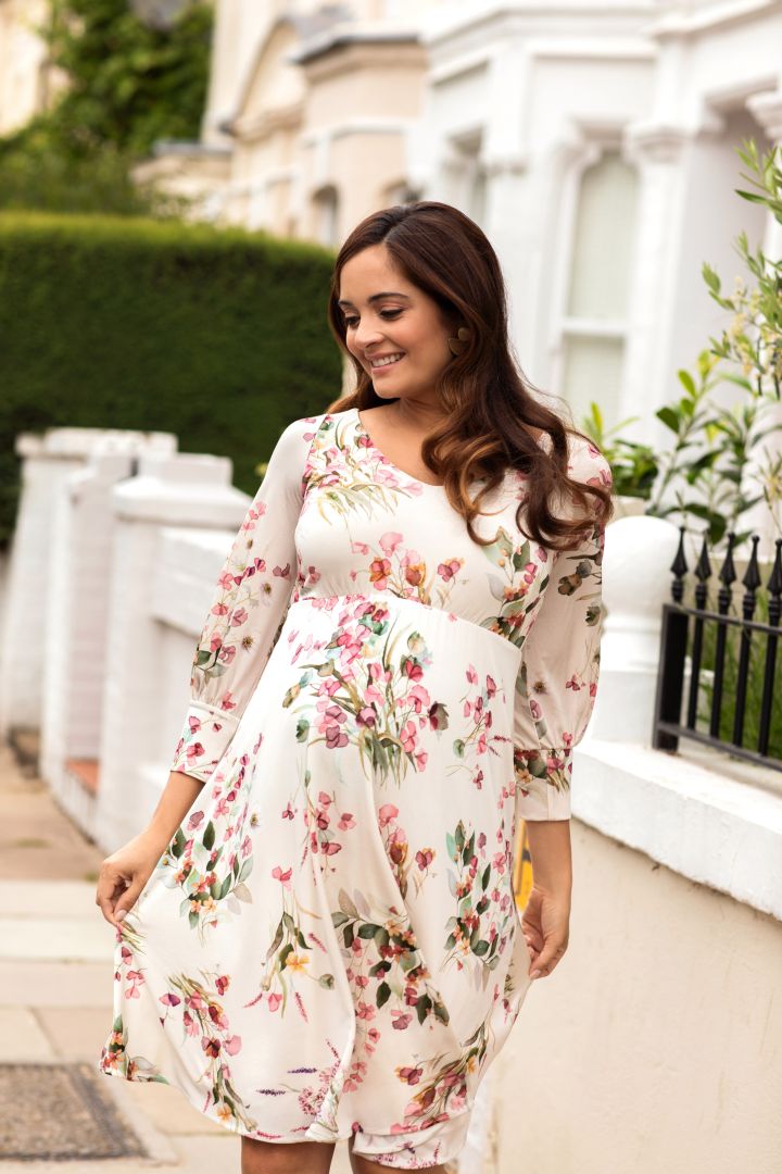 Maternity Dress with Cuffed Puff Sleeves Floral