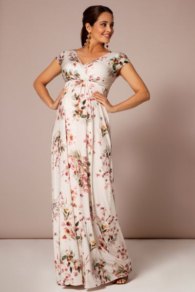Long Maternity and Nursing Dress with Cache-Coeur Neck Floral