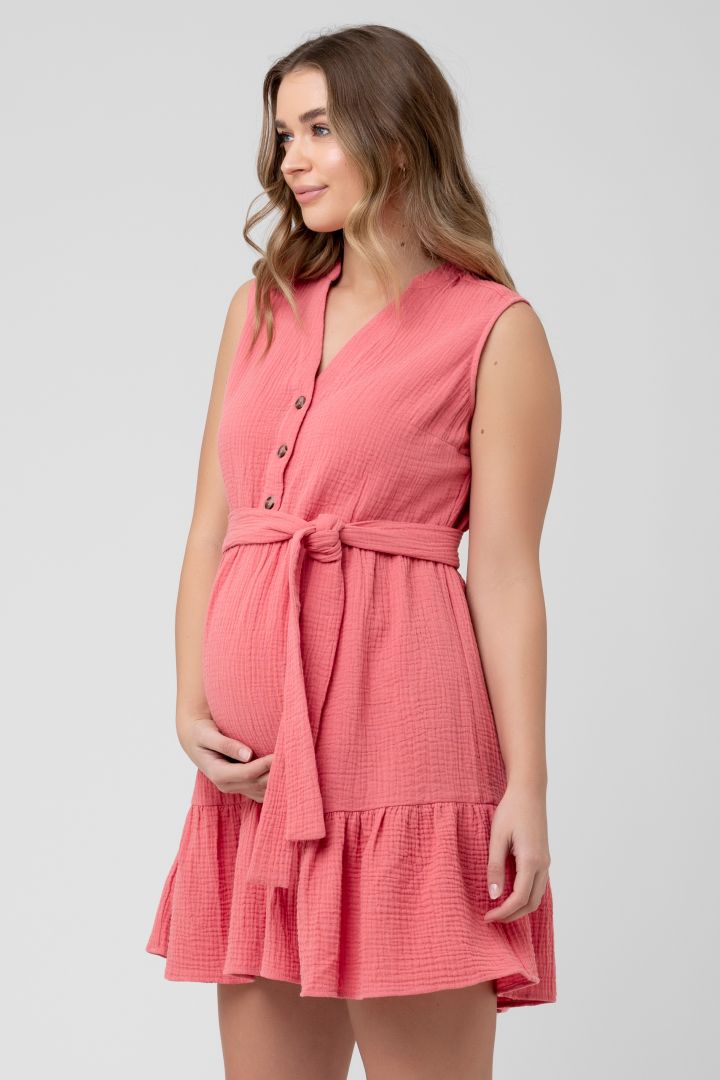 Maternity and Nursing Dress with Flounces coral