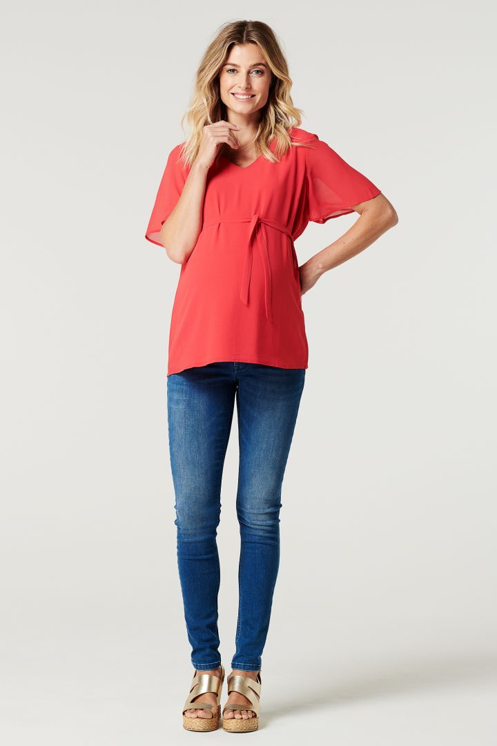 Chiffon Maternity Blouse with Tie Belt red