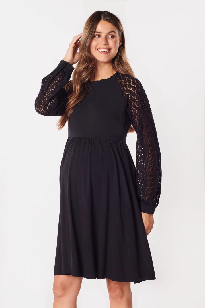 A-Line Maternity Dress with Lace Sleeves black