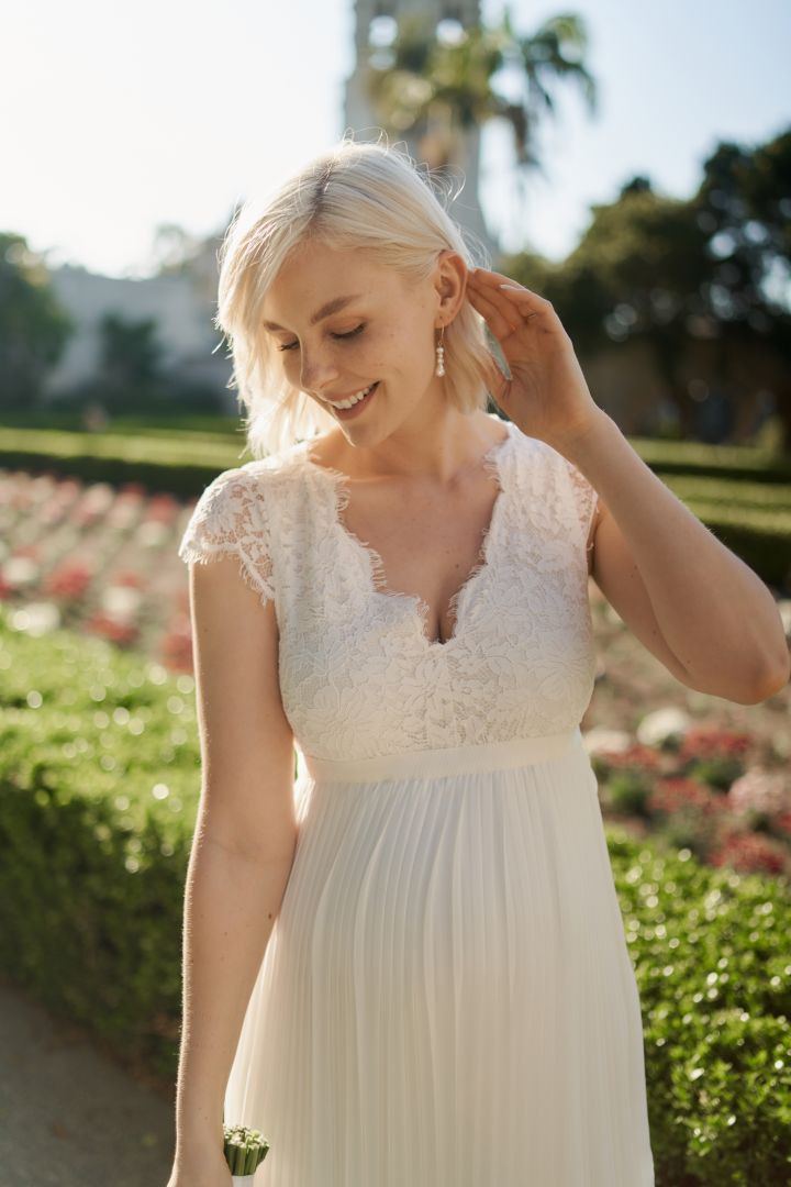 Maternity Wedding Dress with Lace Top and Pleats