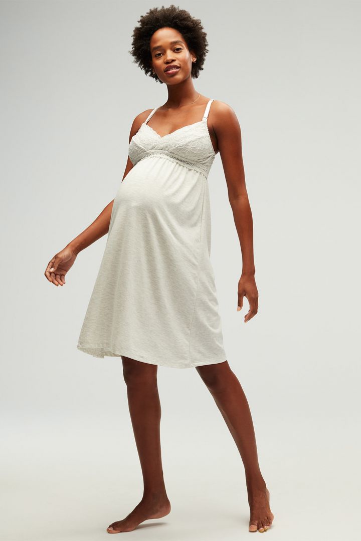 Maternity and Nursing Nightie with Lace grey marl