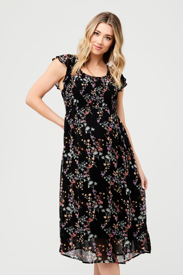 Maternity Dress with Ruffled Sleeves and Flower Print