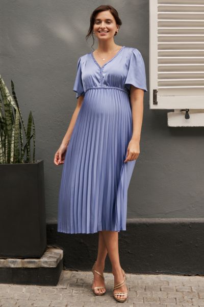 Satin Pleated Maternity Dress with Braided Details