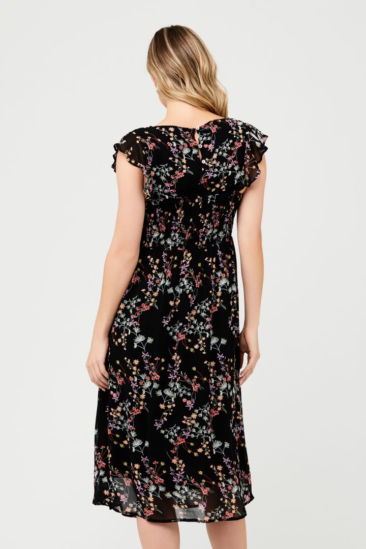 Maternity Dress with Ruffled Sleeves and Flower Print