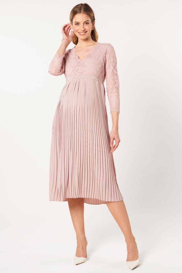 Festive Maternity Dress with Lace Top and Pleats 3/4 Sleeves rose