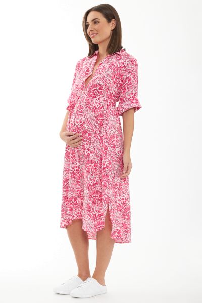 Maternity and Nursing Shirt Blouse Dress with Print pink-white