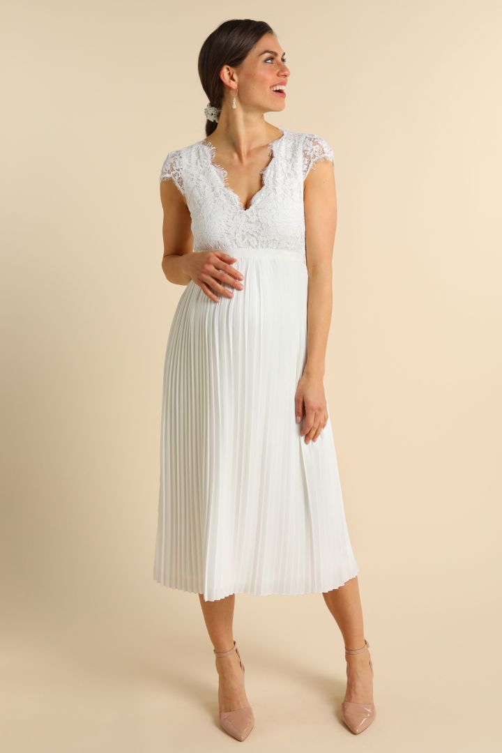 Plus Size Maternity Wedding Dress with Lace Top and Pleats