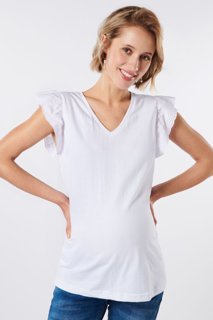 Organic Maternity Top with Lace Sleeves white