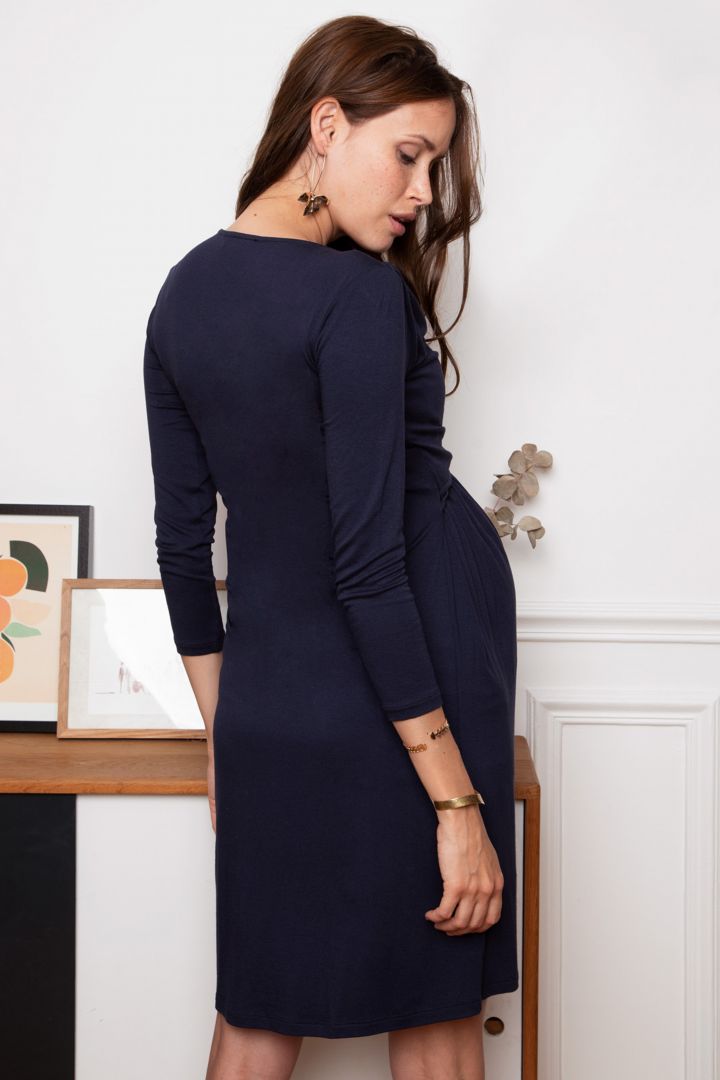 Cross-Over Maternity and Nursing Dress with 3/4 Sleeves navy