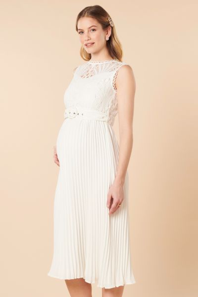 Pleated Maternity Wedding Dress with Ornamental Lace and Belt 