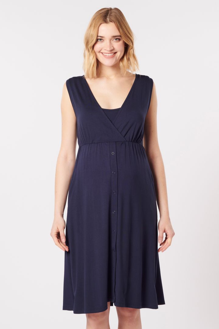 Eco Viscose Maternity and Nursing Nightgown with Cache-Coeur Neckline navy