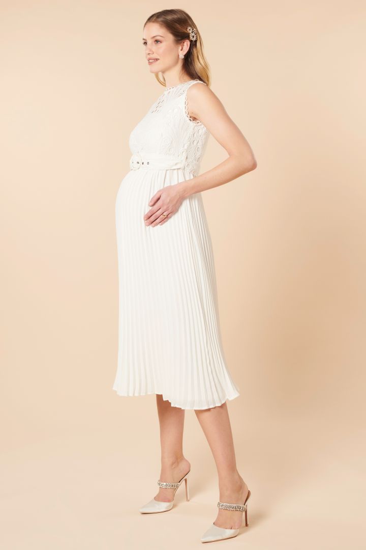 Pleated Maternity Wedding Dress with Ornamental Lace and Belt